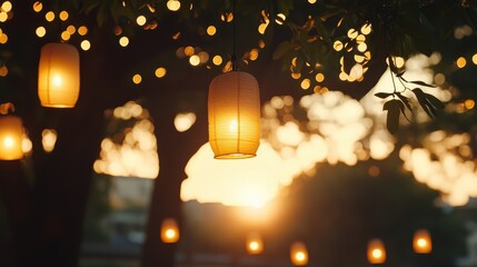Warm lanterns glow softly amidst trees at sunset, creating a serene and inviting atmosphere filled with golden light.