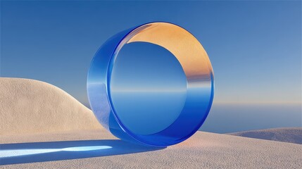 Abstract turquoise glass torus stands in a bright white architectural space with light casting shadows and reflecting off the rounded surface