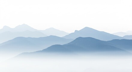 静寂な山並み 柔らかな朝霧 青色のグラデーション. AI Generated
