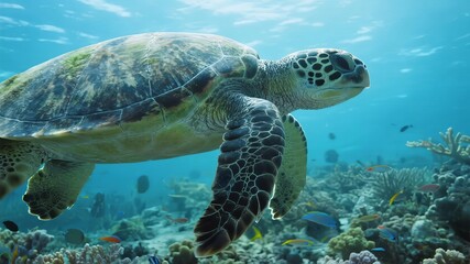 Obraz premium Green Sea Turtle Swimming Quietly in Clear Waters Near Coral Reef, Marine Life Serenity