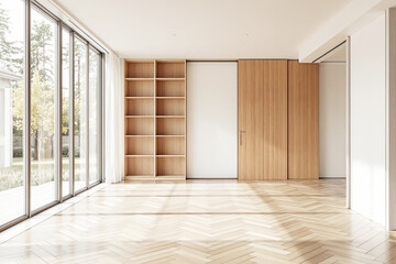 Obraz premium Minimalist bright interior space with wooden bookshelf, sliding doors and herringbone floor illuminated by daylight through large glass windows. Ai generative