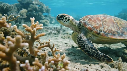 Fototapeta premium Green Sea Turtle Swimming Quietly in Clear Waters Near Coral Reef, Marine Life Serenity