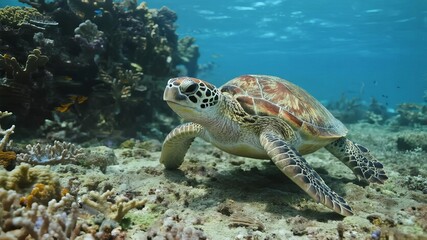 Obraz premium Green Sea Turtle Swimming Quietly in Clear Waters Near Coral Reef, Marine Life Serenity