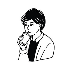 black and white illustration person drinking coffee  