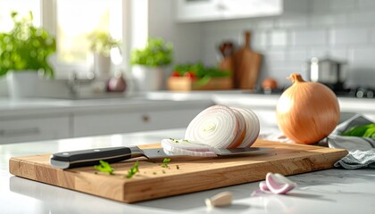 Slicing red onions on a wooden cutting board with a stainless steel kitchen knife