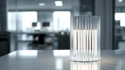 Tabletop minimalist lamp made of clear glass and metal rods, reflecting ambient light over a smooth white surface in a modern workspace