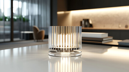 Tabletop minimalist lamp made of clear glass and metal rods, reflecting ambient light over a smooth white surface in a modern workspace