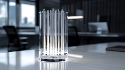 Tabletop minimalist lamp made of clear glass and metal rods, reflecting ambient light over a smooth white surface in a modern workspace