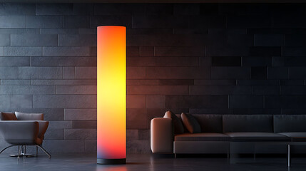 Tall minimalist column lamp with a glowing gradient effect, standing in front of a slate accent wall and clean furniture design