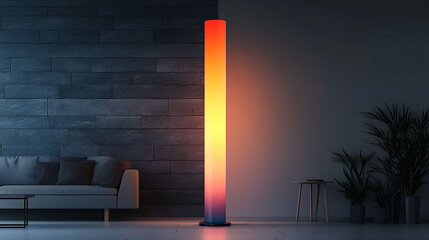 Tall minimalist column lamp with a glowing gradient effect, standing in front of a slate accent wall and clean furniture design