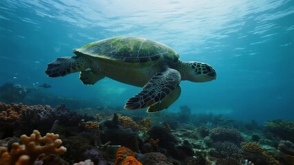 Obraz premium Green Sea Turtle Swimming Quietly in Clear Waters Near Coral Reef, Marine Life Serenity