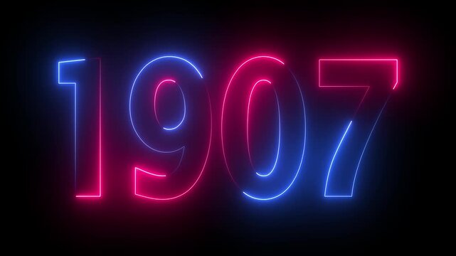 1907 neon line text animation. 1907 year text effect with neon glow. colorful 1907 typography effect. concept of counting years. past year technology concept.