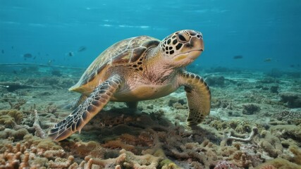 Fototapeta premium Green Sea Turtle Swimming Quietly in Clear Waters Near Coral Reef, Marine Life Serenity