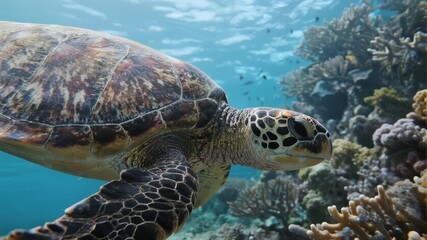 Obraz premium Green Sea Turtle Swimming Quietly in Clear Waters Near Coral Reef, Marine Life Serenity