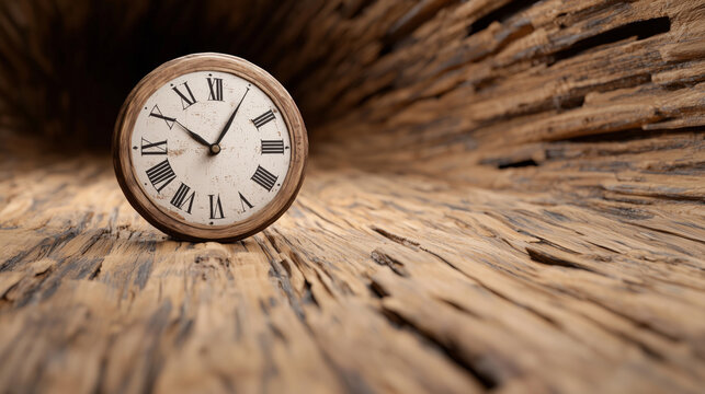 Vintage clock rests on textured wooden surface, symbolizing passage of time in serene environment