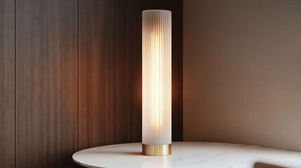 Tall, slender lamp with a frosted vertical tube design and brass base, softly illuminating a white marble tabletop in a modern corner