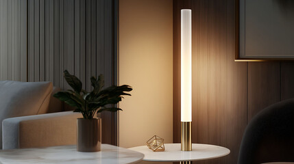 Tall, slender lamp with a frosted vertical tube design and brass base, softly illuminating a white marble tabletop in a modern corner