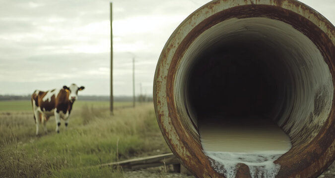 Cow stands near large drainage pipe, with water flowing out, set against rural landscape. scene evokes sense of environmental concern