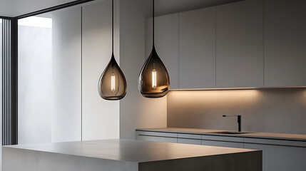 Teardrop-shaped hanging lamp in smoked glass above a minimalist kitchen island with light concrete countertop