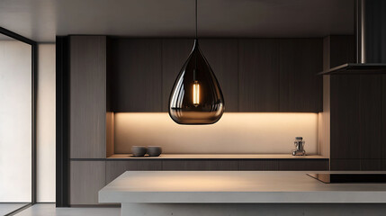 Teardrop-shaped hanging lamp in smoked glass above a minimalist kitchen island with light concrete countertop