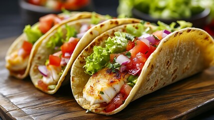 Closeup of fish tacos garnished with fresh lettuce tomatoes red onions