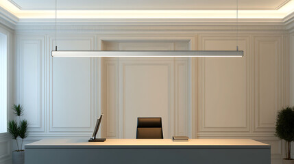 Thin suspended light bar in matte silver, stretching over a minimalist desk with warm white walls and clean lines