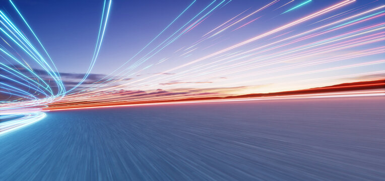 3d rendering speeding on futuristic racetrack at sunset