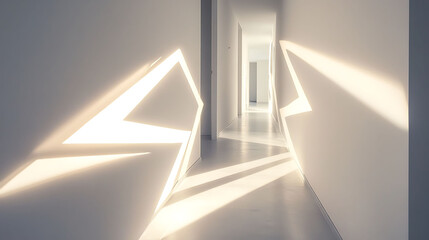 Zigzag-shaped LED lamp built into a white wall, casting graphic shadows across a minimal hallway interior