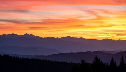 Obraz premium Fiery Sunset Mountain Range Panorama