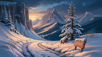 : Tranquil Winter Mountain Landscape at Sunset with Snow Covered Path