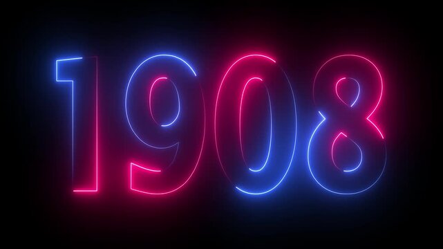 1908 neon line text animation. 1908 year text effect with neon glow. colorful 1908 typography effect. concept of counting years. past year technology concept.