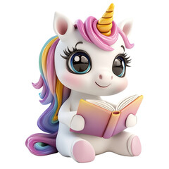 3d cartoon unicorn reading a book.