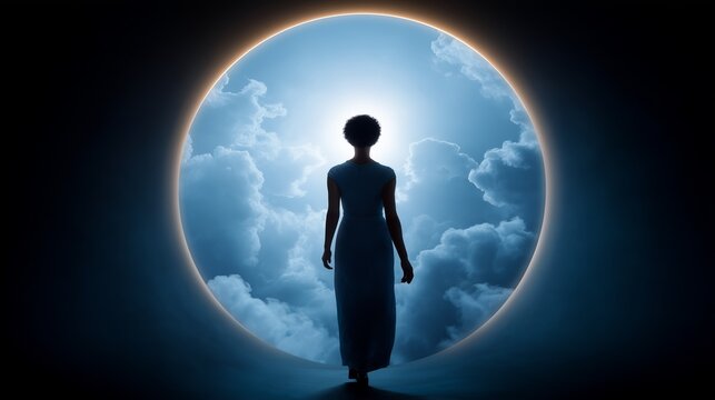 A silhouette of a woman enters a serene, mystical cloud portal, symbolizing transcendence and exploration beyond the ordinary.