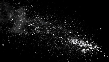 White powdery substance explodes across a black backdrop, forming an abstract, dynamic pattern with varying particle sizes
