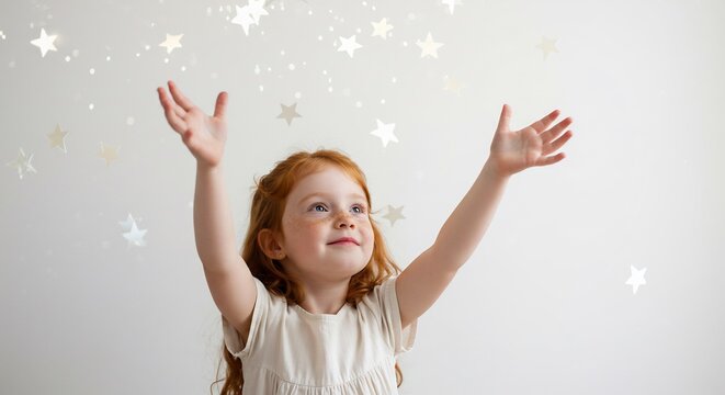 輝く星屑舞い降りる少女 幸せ笑顔 優しい光. AI Generated