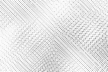 Radial halftone dots. Spotted and dotted stains gradient background. Concentric comic texture with fading effect. Black and white rough gritty wallpaper. Grunge monochrome geometric backdrop. Vector