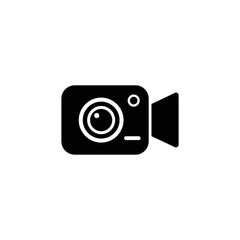A simple black silhouette icon of a video camera, representing filmmaking, recording, and cinematography on a white background.