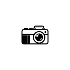 A simple black line art icon of a vintage camera, a minimalist symbol for photography on a white background.