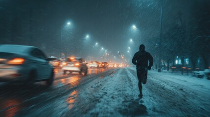 Man jogging in a yellow jacket at night during a heavy snowfall in an urban environment