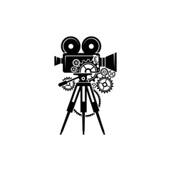 Stylized vintage movie camera with intricate gears and tripod, rendered in a bold black silhouette against a clean white background.