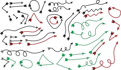 Collection of Hand Drawn Arrows and Swirls in Black Red and Green direction pointer