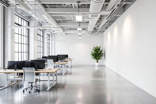 Modern open space office interior with minimalistic architecture and clean design, featuring large windows, desks, and ceiling ducts exposed. Ai generative