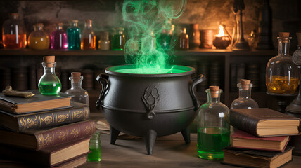 A witch's cauldron bubbling with green potion surrounded by books and bottles on a wooden table top .