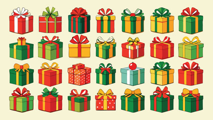 Colorful Christmas gift boxes se. Vector illustration present gift boxes on transparent background. Flat design style
