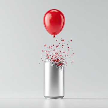 Exploding can, red balloon aloft