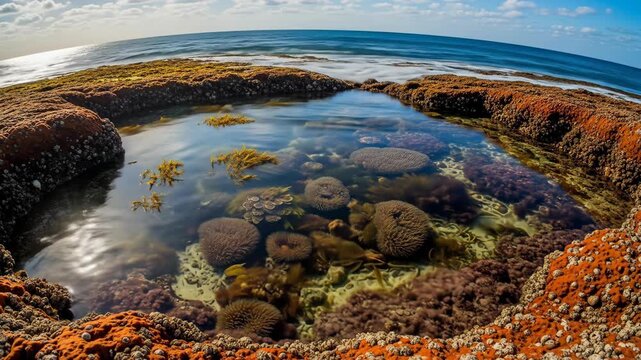 Ocean tidal pool with marine life on a sunny day at the beach