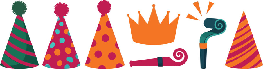 Obraz premium Festive birthday party hats, crown, and noisemakers create a celebratory atmosphere