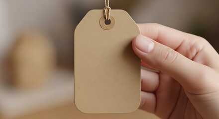 Hand Holding Blank Beige Tag for Messaging, Price or Promotion Design