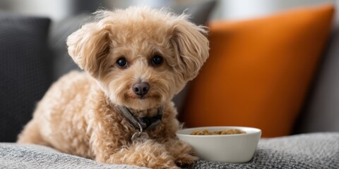Adorable Toy Poodle eating dog food from a bowl next to a cozy sofa. 