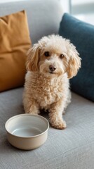 Adorable Toy Poodle eating from bowl next to cozy sofa in modern living room 